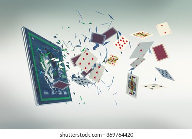 tablet pc with a poker app and lot of poker cards coming out by breaking the glass, concept of online gaming (3d render) - Powered by Shutterstock