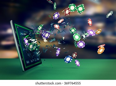 tablet pc with a poker app and poker chips coming out by breaking the glass, concept of online gaming (3d render) - Powered by Shutterstock