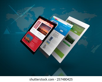 Tablet PC with Web Page on Blue Technology Background as Telecommunication concept