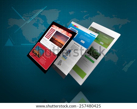 Tablet PC with Web Page on Blue Technology Background as Telecommunication concept