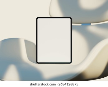 Tablet screen mockup with soft background on a clean chair surface.