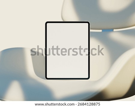 Tablet screen mockup with soft background on a clean chair surface.