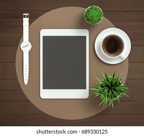 Tablet top view mockup with plants and watch flat lay 3D Illustration