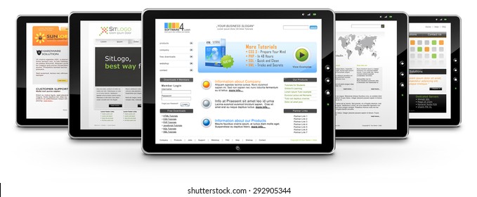 Tablets with Several Web Design Templates on White Background with Smooth Shadow - Graphic Illustration