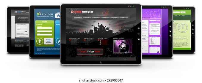 Tablets with Several Web Design Templates on White Background with Smooth Shadow - Graphic Illustration