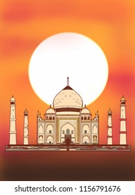 Tac Mahal Illustration Drawing And Sunset 