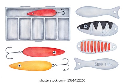 Tacklebox And Various Fishing Tools And Artificial Lure Sketch Collection. Red, Yellow, Silver Gray, Black Colors. Hand Drawn Watercolour Painting On White Background, Cutout Clipart Design Elements.