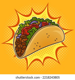 Taco Traditional Mexican Food Pinup Pop Art Retro Raster Illustration. Comic Book Style Imitation.