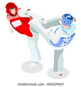 Taekwondo Fight Wrestling Athletes Summer Games Icon Set. 3D Isometric Athlete. Sporting Championship International Competition. Infographic Athletics Taekwondo Fight Wrestling Events Illustration