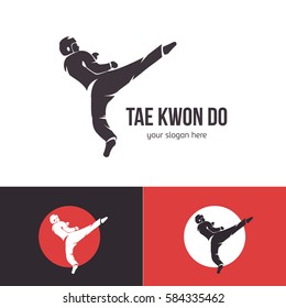  taekwondo logo template. Martial arts badge. Emblem for sports events, competitions, tournaments. Silhouette of a man.