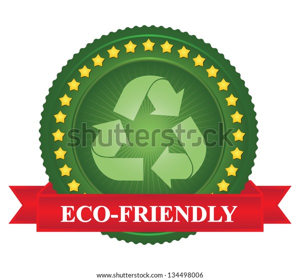 Tag or Badge For Eco-Friendly Sign\
Present By Green Recycle Sign Icon and Yellow Star Around With Red\
Eco-Friendly Ribbon Isolated on White\
Background