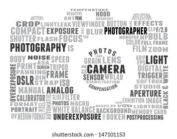 Tag cloud shaped as camera composed of words related to photography. Words in gray tones on white background