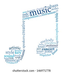 Tag cloud shaped as music note composed of words related to music. Words in blue tones on white background