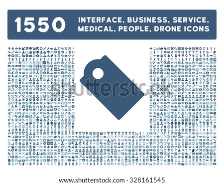 Tag icon and other web interface, business, tools, people, medical service and awards glyph symbols. Style is bicolor flat symbols, cyan and blue colors, rounded angles, white background.