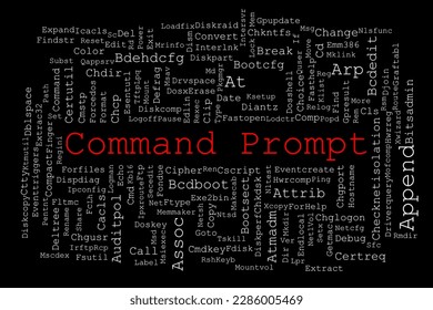 Tagcloud made of Command Prompt commands randomly placed on a black background. The title Command Prompt is in red in the middle.