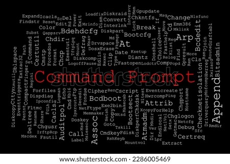 Tagcloud made of Command Prompt commands randomly placed on a black background. The title Command Prompt is in red in the middle.