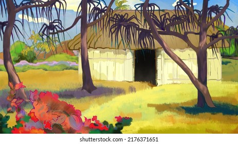 Tahiti village in the Paul Gauguin style. Digital Painting Background, Illustration.