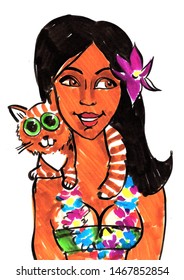 Tahitian girl and cat her shoulder