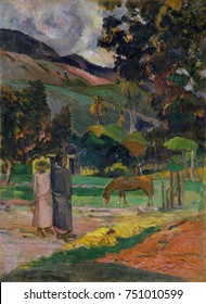 Tahitian Landscape, by Paul Gauguin, 1892, French Post-Impressionist painting, oil on canvas. Gauguin painted this during his first trip to Tahiti, depicting small figures, a horse, and hut in a tropi