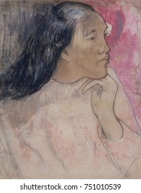 Tahitian Woman with a Flower in Her Hair, by Paul Gauguin, 1891-92, French Post-Impressionism. This is a mixed media drawing of charcoal, pastel, and wash