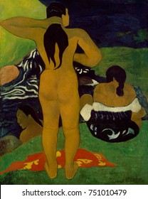 Tahitian Women Bathing, by Paul Gauguin, 1892, French Post-Impressionist painting, oil on paper. The artist painted with large areas of intense orange, green, and blue