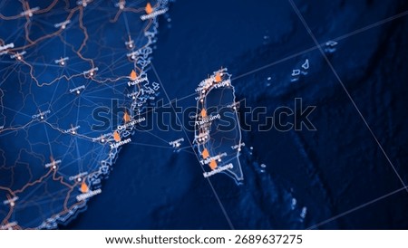Taichung map big data visualization. Futuristic map infographic of city in Taiwan. Visual map data complexity in modern blue and orange colors. 3D Illustration