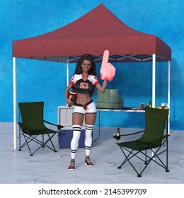 Tailgating Scene Number One Fan Kiara Wearing A Football Jersey Costume Uniform And A Tent In The Parking Lot Of A Football Game Cook Stove Folding Chairs 3D Illustration Render Holding Foam Finger