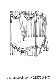 Tailored Bed Ensemble With Inverted Box Pleated Dust Ruffle, A Soft Scarf Swag Adorns The Pleated Box Ceiling-mounted Valance