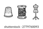 Tailoring essentials showcasing a thimble, large thread spool, and dressmaker mannequin are captured in this minimalist doodle line sketch. The composition ensures subjects remain a bit distant, allowing proper alignment in modern vertical media formats. Excellent for bespoke fashion atelier branding and custom clothing design workshops.