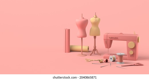 Tailoring shop with mannequins, fabrics, thimbles and sewing machine. Sewing store. Copy space.  3D illustration.
