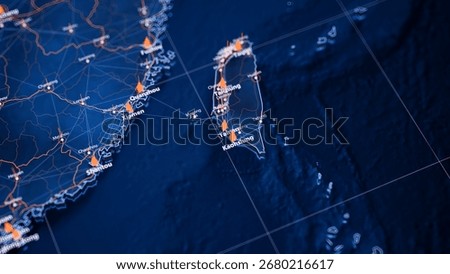 Tainan map big data visualization. Futuristic map infographic of city in Taiwan. Visual map data complexity in modern blue and orange colors. 3D Illustration