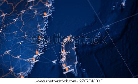 Taipei map big data visualization. Futuristic map infographic of city in Taiwan. Visual map data complexity in modern blue and orange colors. 3D Illustration
