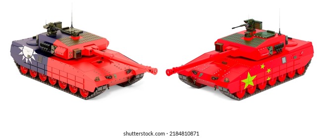 Taiwan and China war clashes, concept. Battle tanks with Taiwanese and Chinese flags, 3D rendering isolated on white background