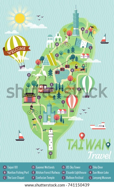 台湾の旅行コンセプトの地図 この美しい島の有名な史跡 のイラスト素材