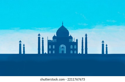 Taj Mahal en Agra, India. Ilustración histórica de dibujos animados planos. Concepto de pintura artística. Silhouette paisajista. ilustración digital Ilustración de stock