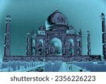 Taj Mahal, classic view of minarets  relecting pool.Agra India