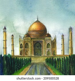 Taj Mahal panorama. Original watercolor painting on paper. Hand drawing illustration. Ilustración de stock
