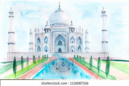 Taj Mahal watercolor illustration hand painted. India symbol monument.