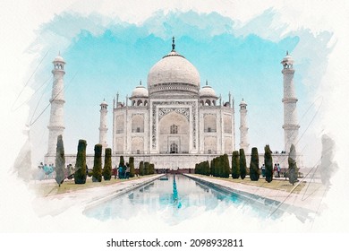 Taj Mahal Watercolor Painting Sketch Photo Effect
