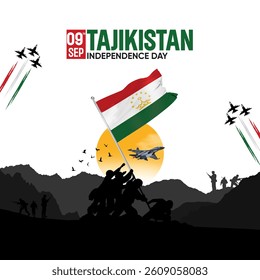 Tajikistan Independence Day celebration featuring the Tajikistan flag, the Tajikistan Army, and a patriotic flag design illustration.