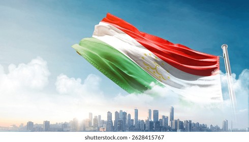 Tajikistan national flag waving with skyline and buildings. Tajikistan national flag for independence day.