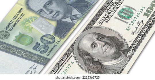 Tajikistani Somoni And US 100 Bill. Close Up Tajikistan Banknotes And US Banknotes. 3D Render