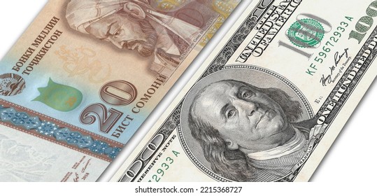 Tajikistani Somoni And US 100 Bill. Close Up Tajikistan Banknotes And US Banknotes. 3D Render