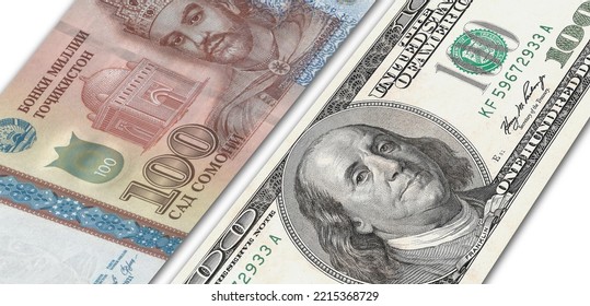 Tajikistani Somoni And US 100 Bill. Close Up Tajikistan Banknotes And US Banknotes. 3D Render