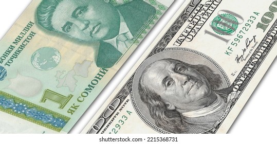 Tajikistani Somoni And US 100 Bill. Close Up Tajikistan Banknotes And US Banknotes. 3D Render