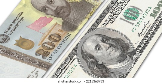 Tajikistani Somoni And US 100 Bill. Close Up Tajikistan Banknotes And US Banknotes. 3D Render