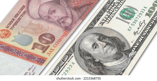 Tajikistani Somoni And US 100 Bill. Close Up Tajikistan Banknotes And US Banknotes. 3D Render