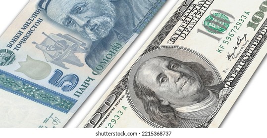 Tajikistani Somoni And US 100 Bill. Close Up Tajikistan Banknotes And US Banknotes. 3D Render