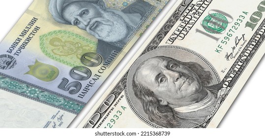 Tajikistani Somoni And US 100 Bill. Close Up Tajikistan Banknotes And US Banknotes. 3D Render