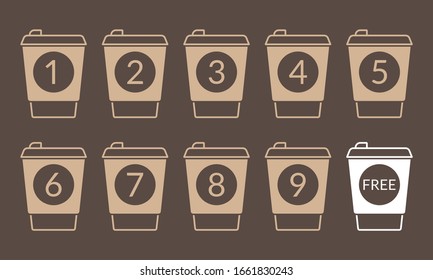 Take away coffee cup concept. Buy 9 cups and get 1 for free. Design element for promotion cafe card or loyalty voucher. Coffee to go icons. - Powered by Shutterstock